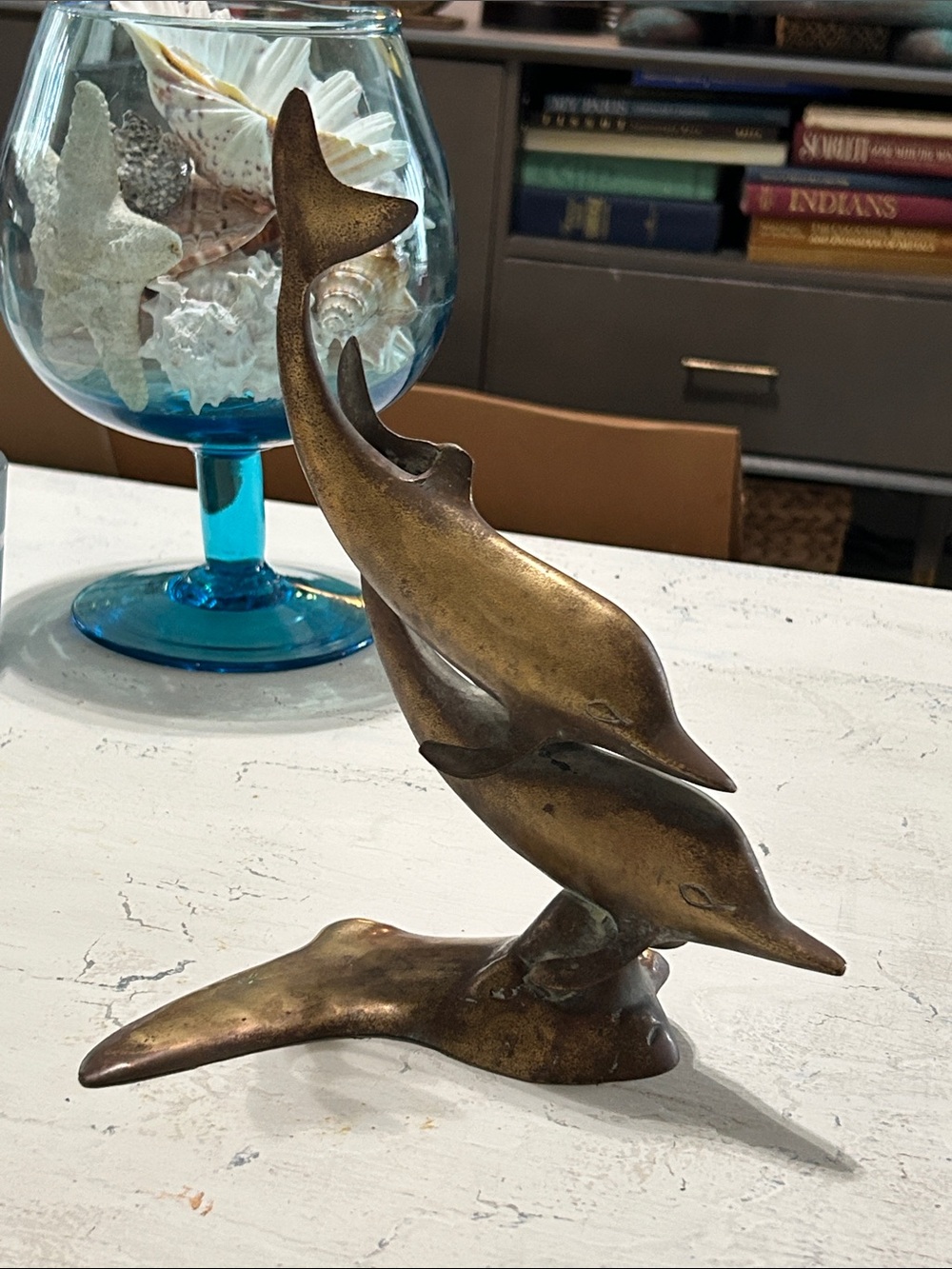 Brass Dolphin Sculpture - Twin Dolphins Figurine in Warm Patina